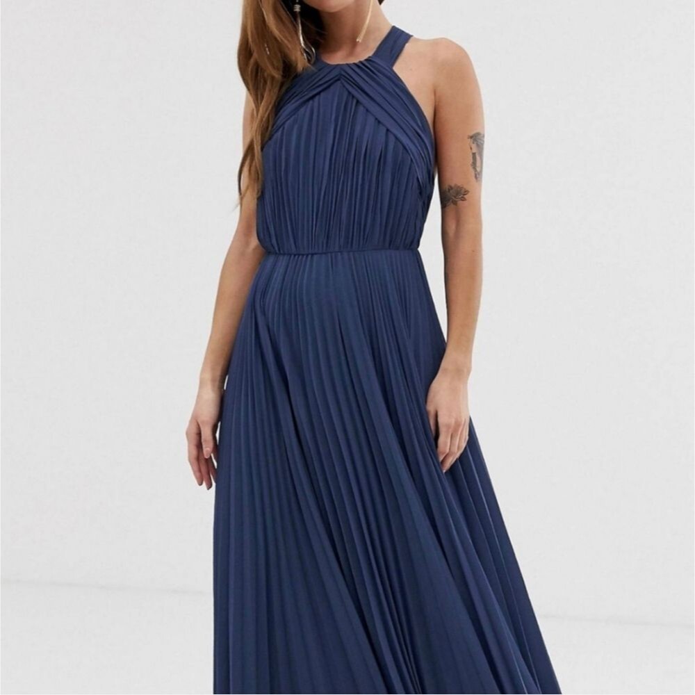 ASOS Dark Blue Womens Maxi Pleated Dress Size 4P Criss Cross Halter Prom NWT